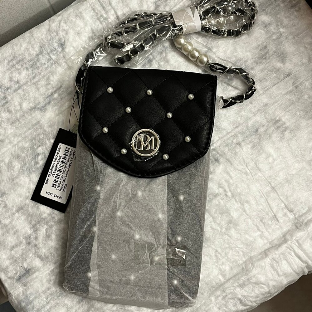 NWT!! Badgley Mischka Black Quilted Vegan Leather Phone Holder Crossbody